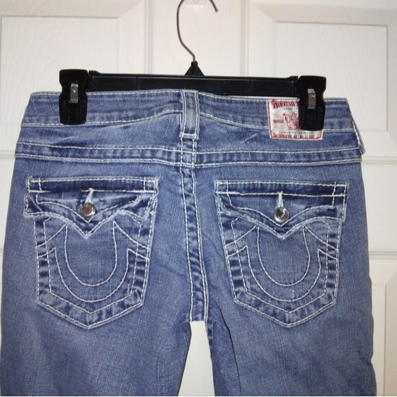 True Religion Disco Joey Big T Flare blue jeans with crystals size 27 Inseam 34" - Picture 7 of 10
